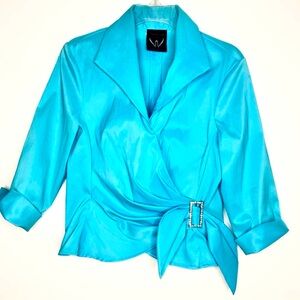 Veronique Young Aqua Blue Wrap Blouse Size 8